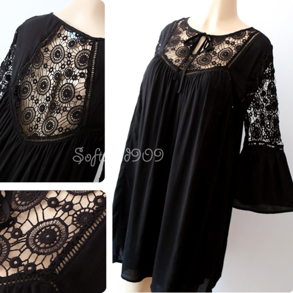 Last☝️Black Crochet Lace Boho Babydoll Swing Dress - Picture 6 of 8
